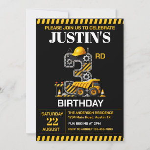 Invitation Fête d'anniversaire de Construction Mignonne 3 ans