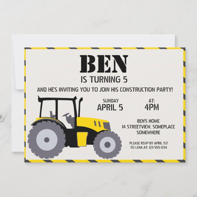 Invitation Fête d'anniversaire de construction tracteur jaune (Devant)