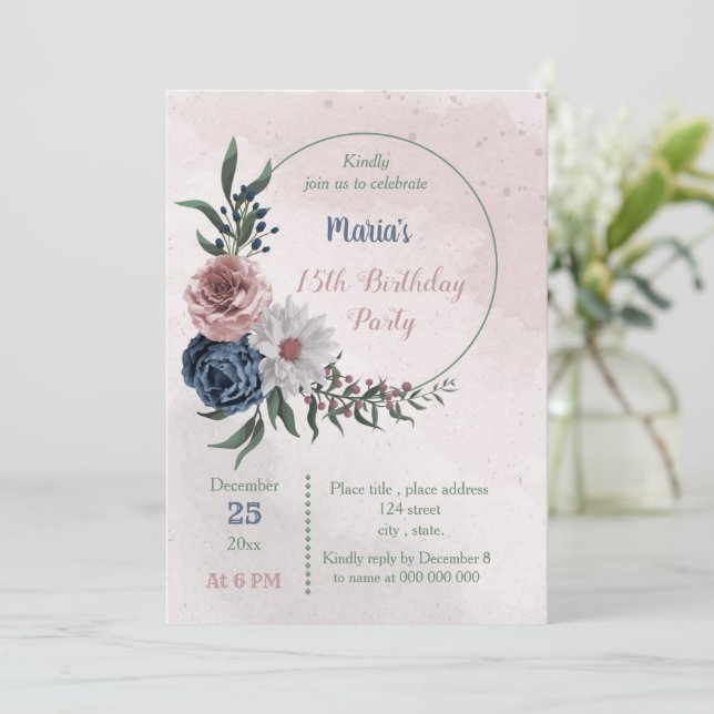 Invitation fête d'anniversaire de couronnes florales rose et  (Debout devant)
