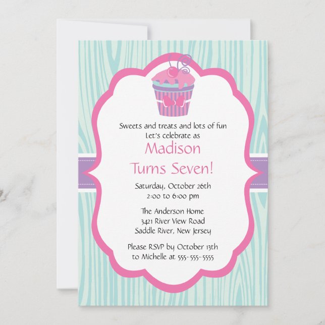 Invitation Fête d'anniversaire de Cupcake Girl Coute Pink & P (Devant)