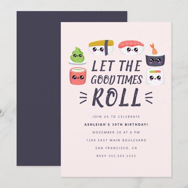 Invitation Fête d'anniversaire de Cute Kawaii Sushi Rolls (Devant / Derrière)