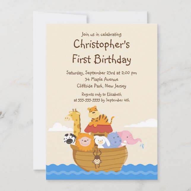 Invitation Fête d'anniversaire de Cute Noah's Ark Baby Animal (Devant)