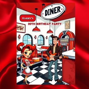 Invitation Fête d'anniversaire de diner rétro amusant rocker 