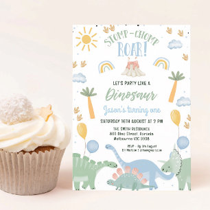 Invitation Fête d'anniversaire de Dino 1 an Stomp Chomp Rugit