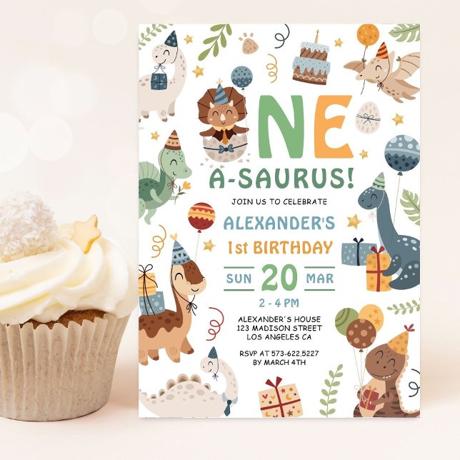 Invitation Fête d'anniversaire de Dinosaur One A-Saurus Boy 1 (Créateur téléchargé)
