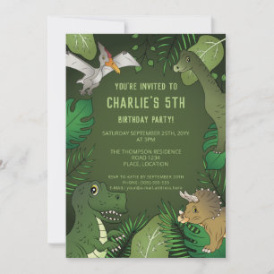 Invitation Fête d'anniversaire de dinosaure mignon vert jungl
