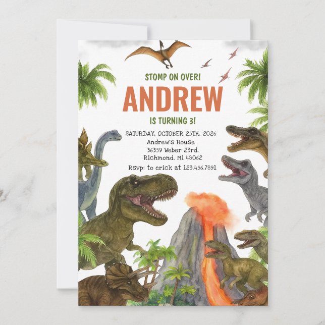 Invitation Fête d'anniversaire de dinosaure personnalisée (Devant)