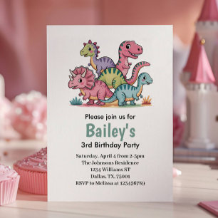 Invitation Fête d'anniversaire de dinosaure rose mignon pour 