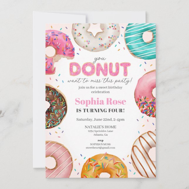 Invitation Fête d'anniversaire de Donut arrosé pour fille (Devant)