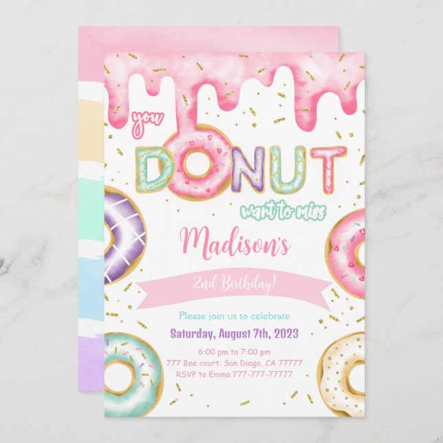 Invitation Fête d'anniversaire de Donut modifiable (Devant / Derrière)