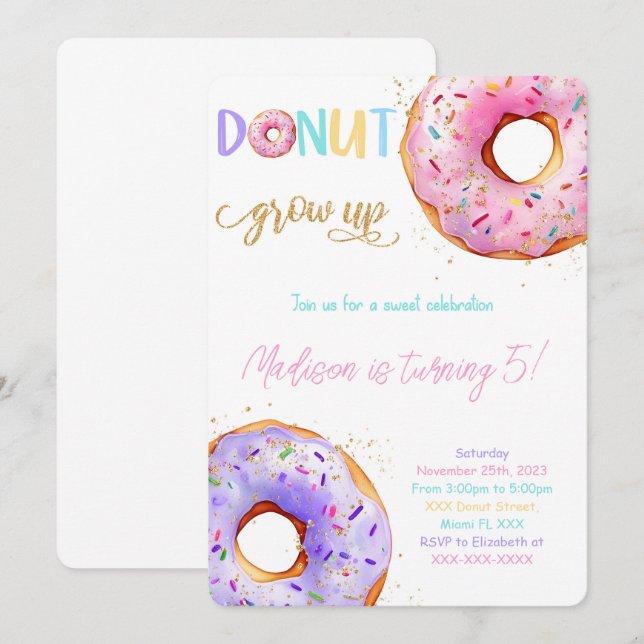 Invitation Fête d'anniversaire de Donut rose (Devant / Derrière)