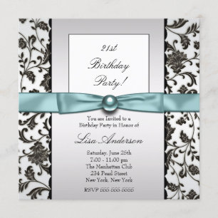 Invitation Fête d'anniversaire de femme en noir et damas