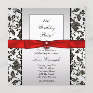 Invitation Fête d'anniversaire de femme en noir et damas