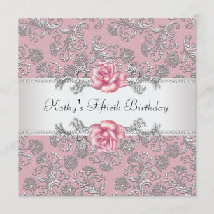 Invitation Fête d'anniversaire de femme Rose Rose damassée