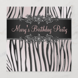 Invitation Fête d'anniversaire de femme zèbre noir rose