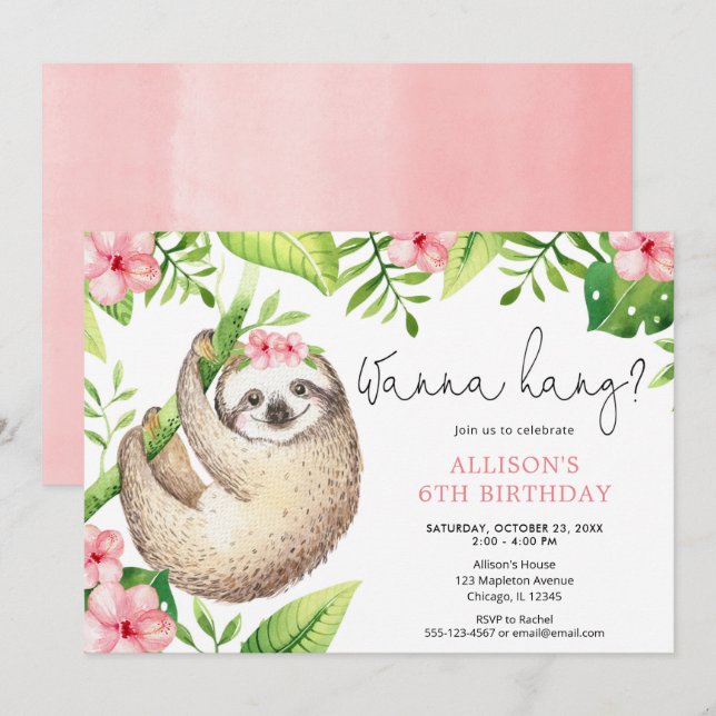 Invitation Fête d'anniversaire de feuilles rose pâle (Devant / Derrière)