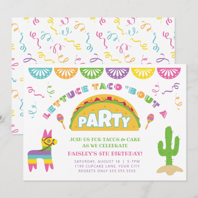 Invitation Fête d'anniversaire de Fiesta Taco (Devant / Derrière)