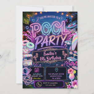 Invitation Fête d'anniversaire de fille à la piscine néon Glo