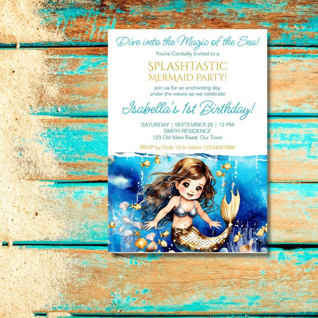 Invitation Fête d'anniversaire de fille mignonne sous la mer (Mermaid under the sea birthday party template invitation cute baby mermaid with sea shells gold fish)