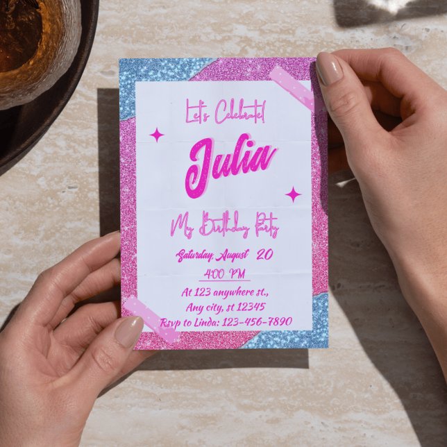 Invitation Fête d'anniversaire de fille rose, blanche et Part (Pink, White & Glitter Girl Birthday Party Invitations - Cute & Girly Invites)