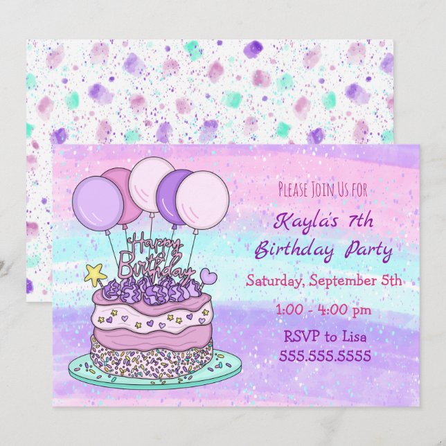 Invitation Fête d'anniversaire de fille rose et violet (Devant / Derrière)