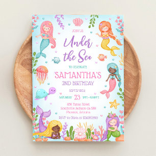 Invitation Fête d'anniversaire de fille sirène sous la mer