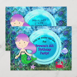 Invitation Fête d'anniversaire de fille sirène sous la plage 