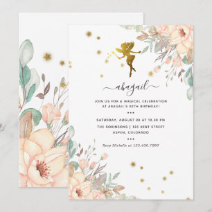Invitation Fête d'anniversaire de fille thème fée rose et or