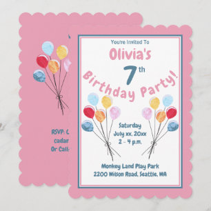 Invitation Fête d'anniversaire de filles Ballons roses 