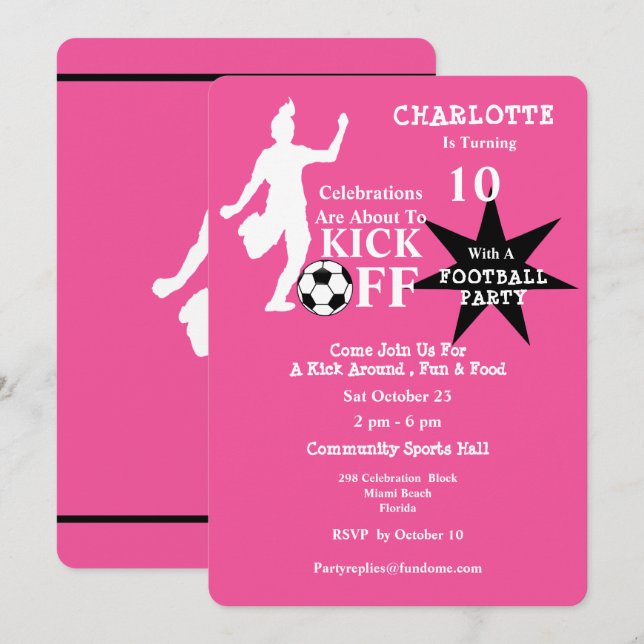 Invitation Fête d'anniversaire de football filles (Devant / Derrière)