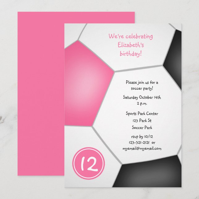 Invitation fête d'anniversaire de football filles noires rose (Devant / Derrière)