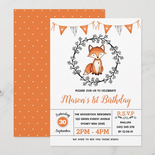 Invitation Fête d'anniversaire de Fox moderne / Animal de for (Devant / Derrière)