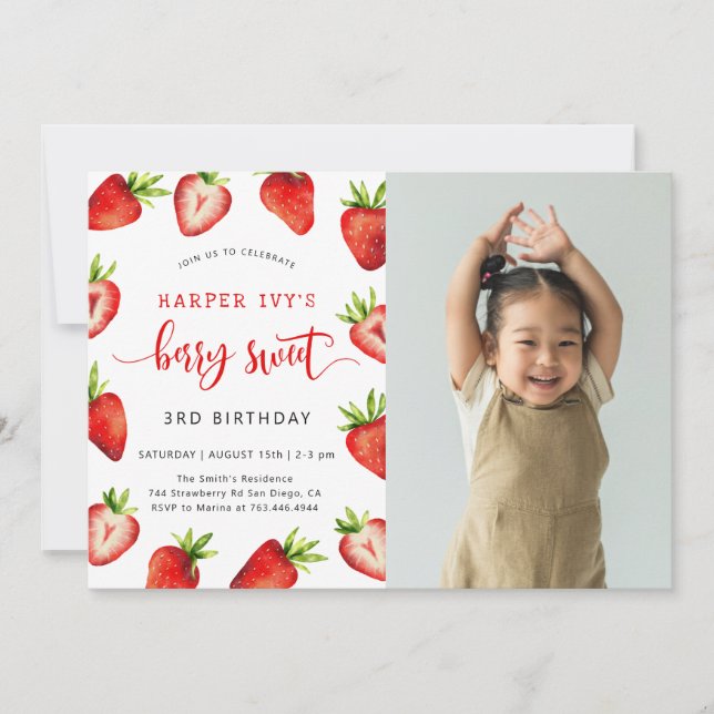 Invitation Fête d'anniversaire de fraises | Berry Sweet Photo (Devant)