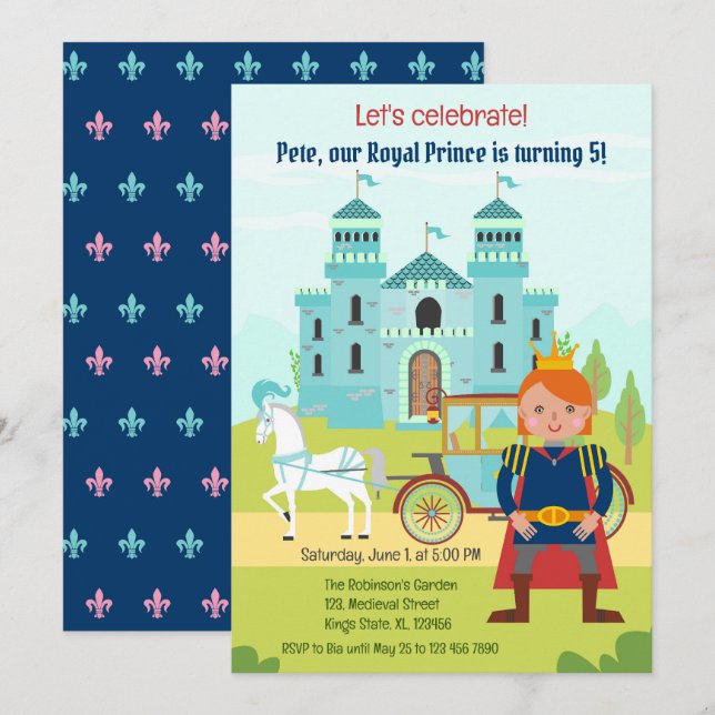 Invitation Fête d'anniversaire de garçon prince royal (Devant / Derrière)