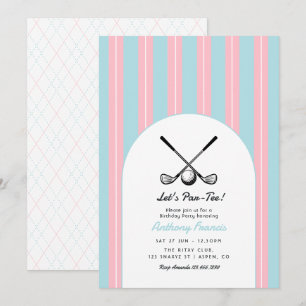 Invitation Fête d'anniversaire de golf Bleu Poudre, Rose et B
