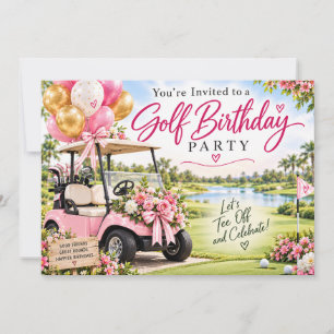 Invitation Fête d'anniversaire de golf rose Panier de golf fl