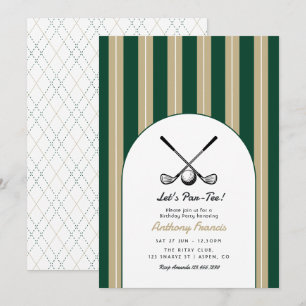 Invitation Fête d'anniversaire de golf vert foncé, kaki et bl
