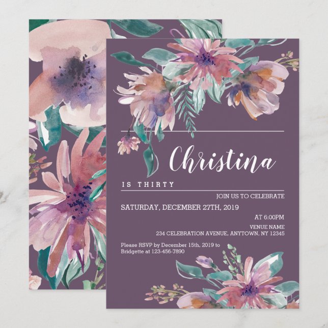 Invitation Fête d'anniversaire de grand-mère florale violet p (Devant / Derrière)