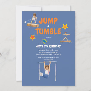 Invitation Fête d'anniversaire de gymnastique Bleu Garçon et 