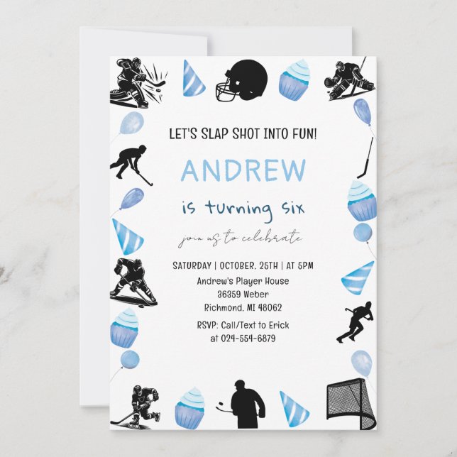 Invitation Fête d'anniversaire de hockey sur aquarelle person (Devant)