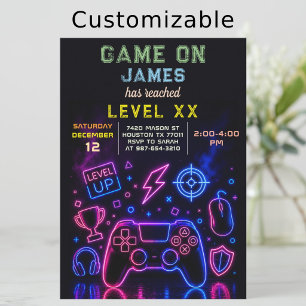Invitation Fête d'anniversaire de jeu vidéo néon Game On Nive