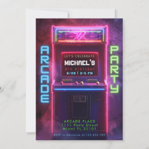 Invitation Fête d'anniversaire de jeu vidéo rétro avec néon