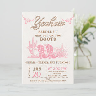 Invitation Fête d'anniversaire de jumelles Cowgirl Rose Marro
