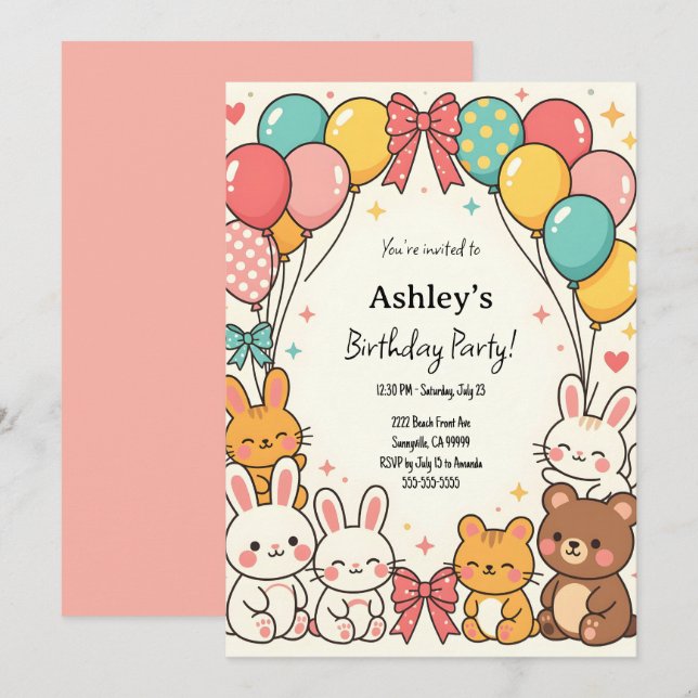 Invitation Fête d'anniversaire de Kawaii Kid's Cute (Devant / Derrière)