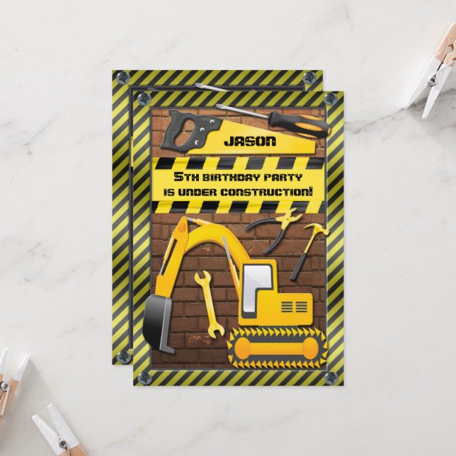 Invitation Fête d'anniversaire de la construction de l'enfant (Devant/Arrière en situation)