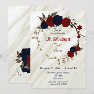 Invitation fête d'anniversaire de la couronne florale bleu et