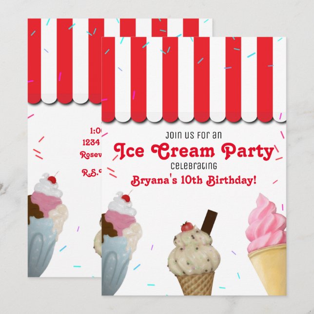 Invitation Fête d'anniversaire de la crème glacée Parlour fêt (Devant / Derrière)