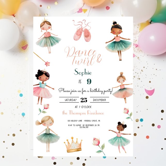 Invitation Fête d'anniversaire de la danse et de la fillette (Créateur téléchargé)