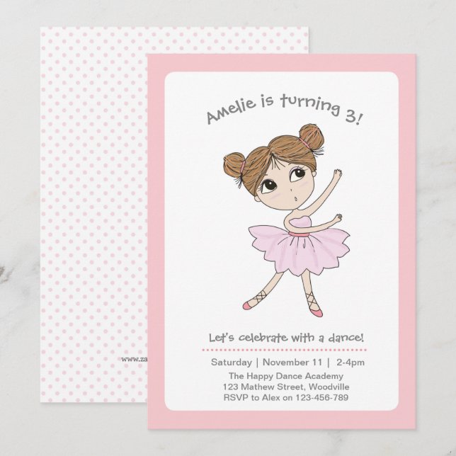 Invitation Fête d'anniversaire de la danseuse rose Ballerina  (Devant / Derrière)