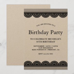 Invitation Fête d'anniversaire de la dentelle de pays noir Ru